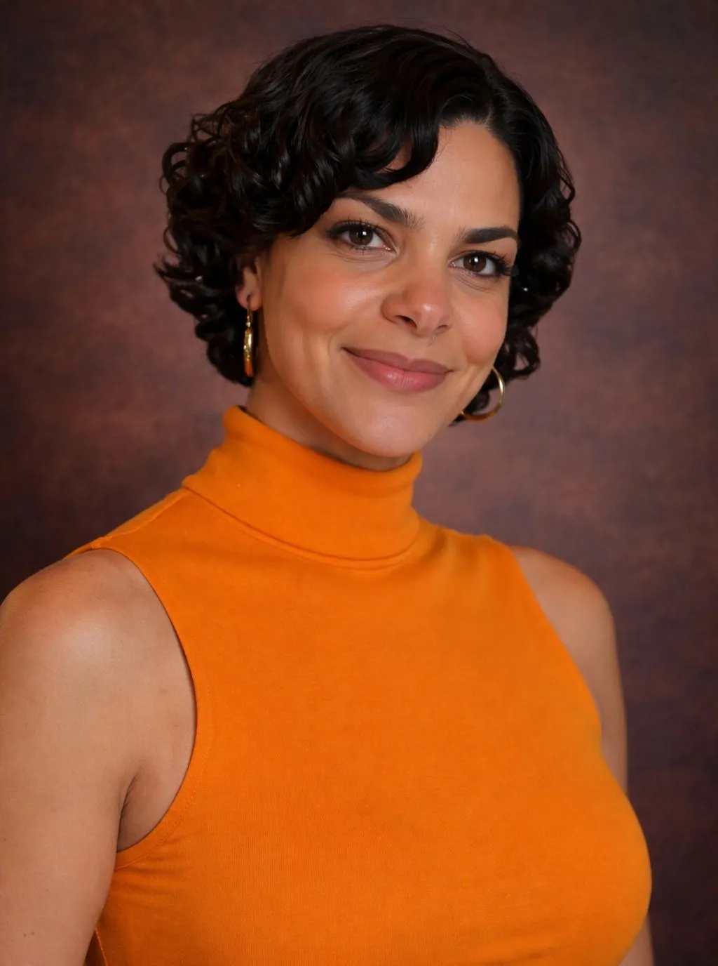 Retrato de Cynthia Carvalho sorrindo, de blusa laranja