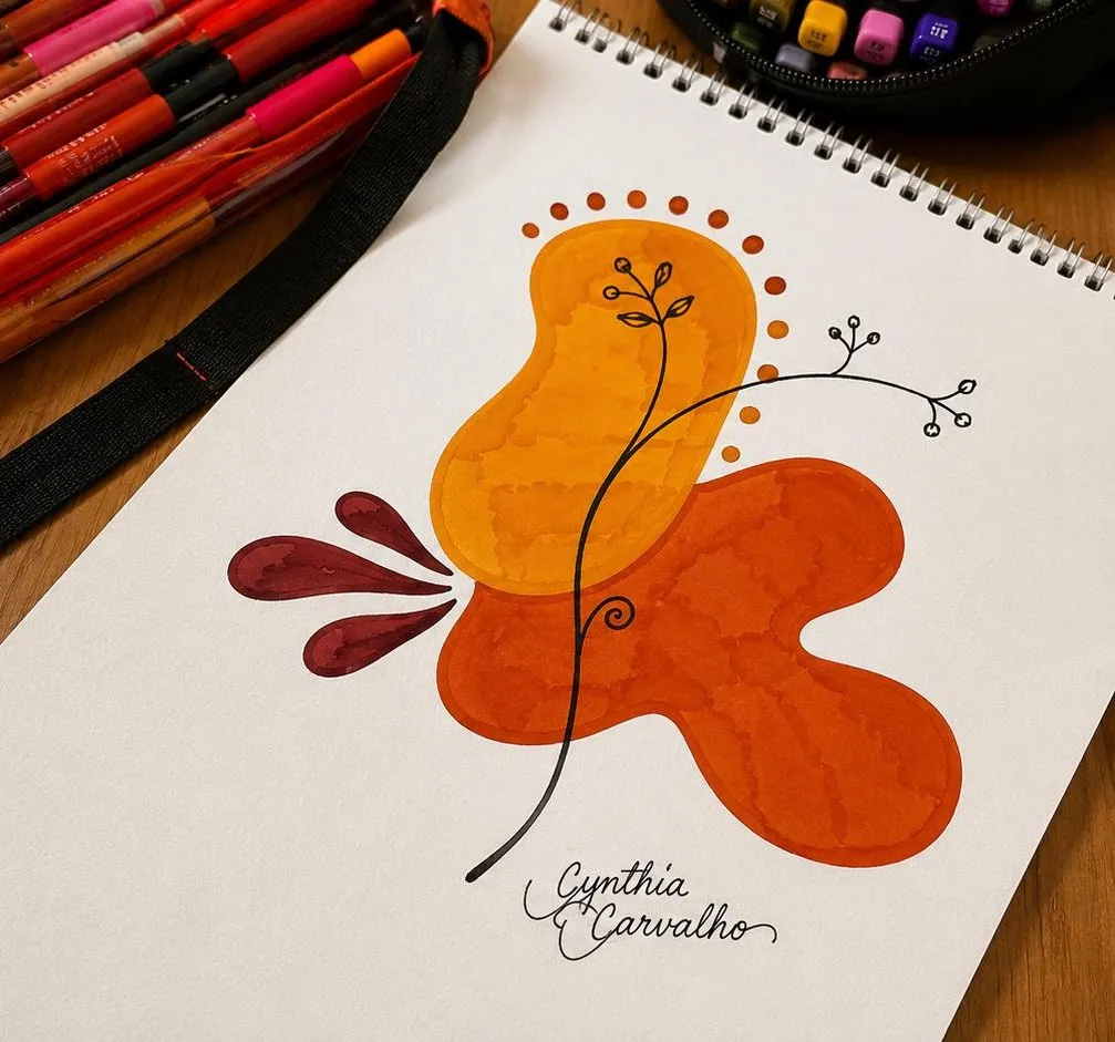 Desenho de Cynthia Carvalho: flor em aquarela laranja com traços finos, assinado por ela