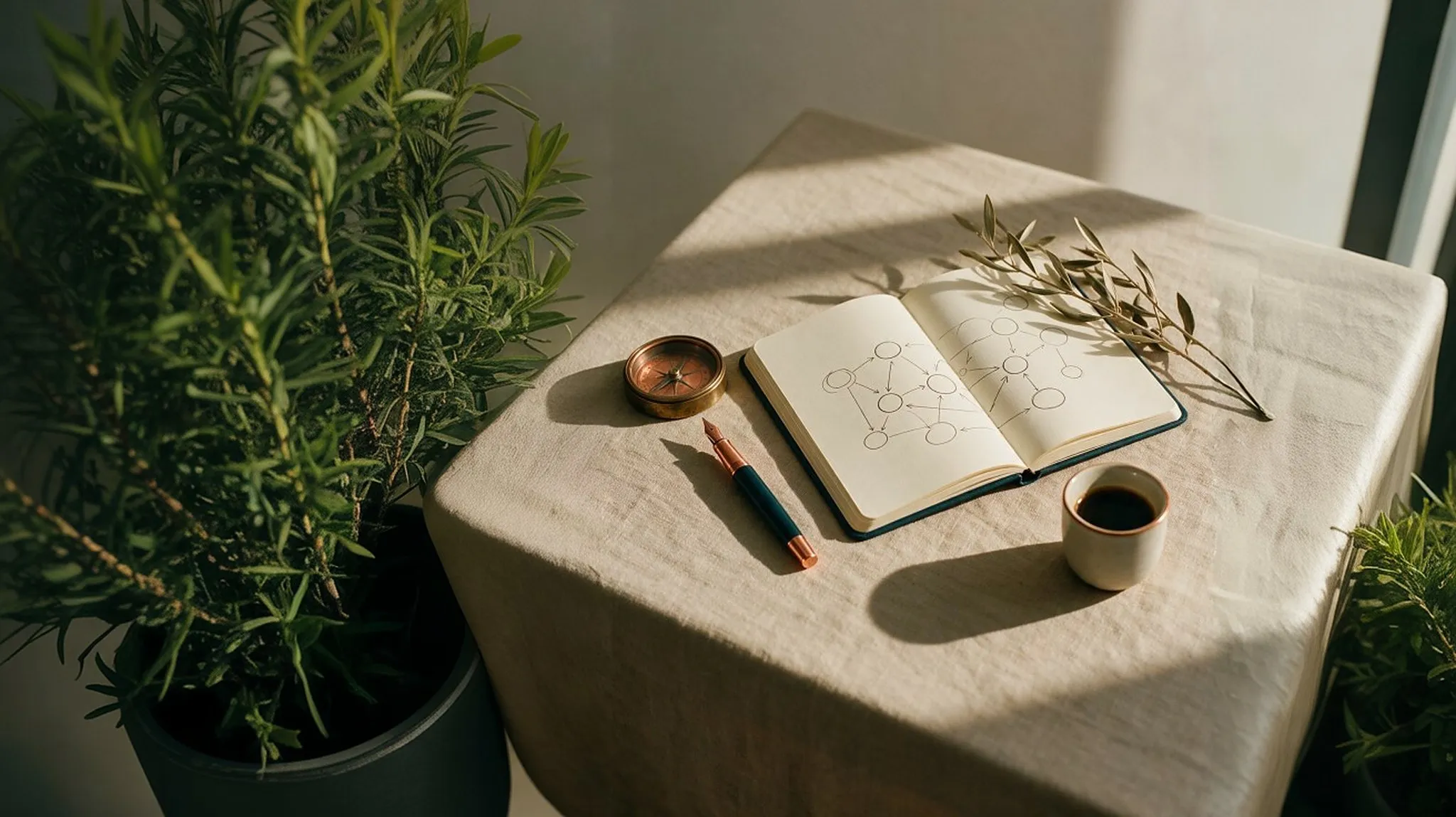 Caderno aberto com um mapa estratégico desenhado à mão, bússola e café sobre linho